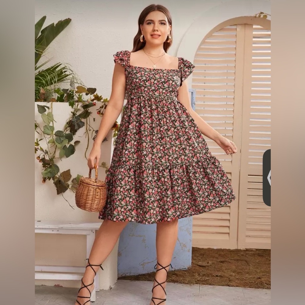 SHEIN Black Floral Square Neck Ruffle Strap MIDI Dress